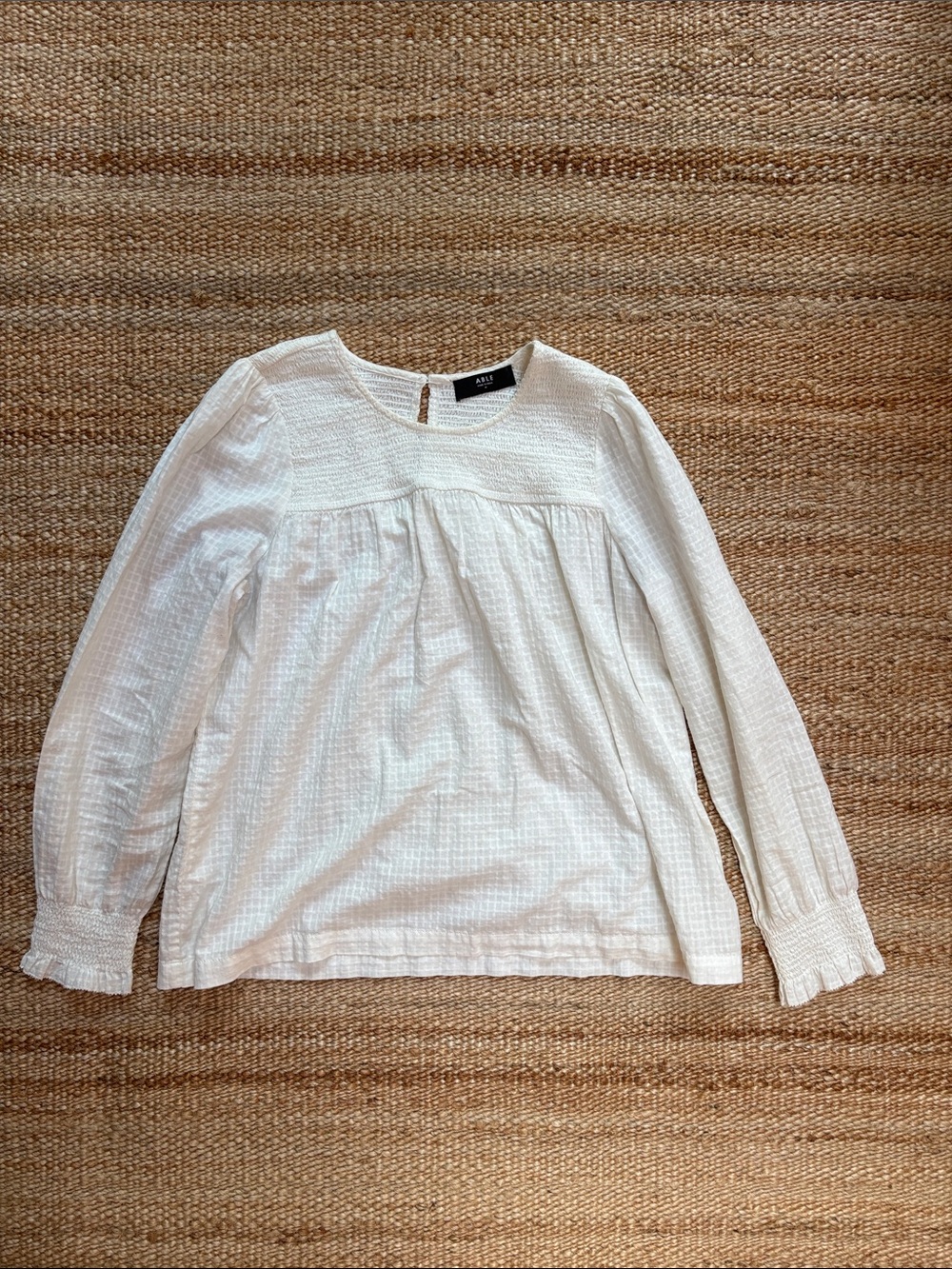 100% Cotton White Textured Peasant Blouse with Smocked Cuffs